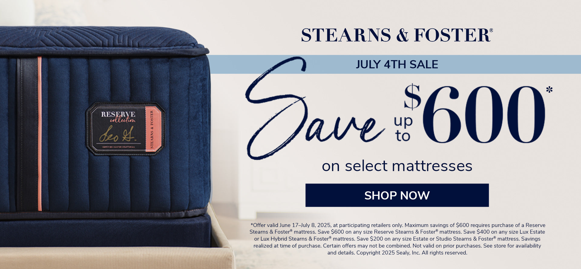 Stearns & Foster mattress with promotional text for a July 4th sale.