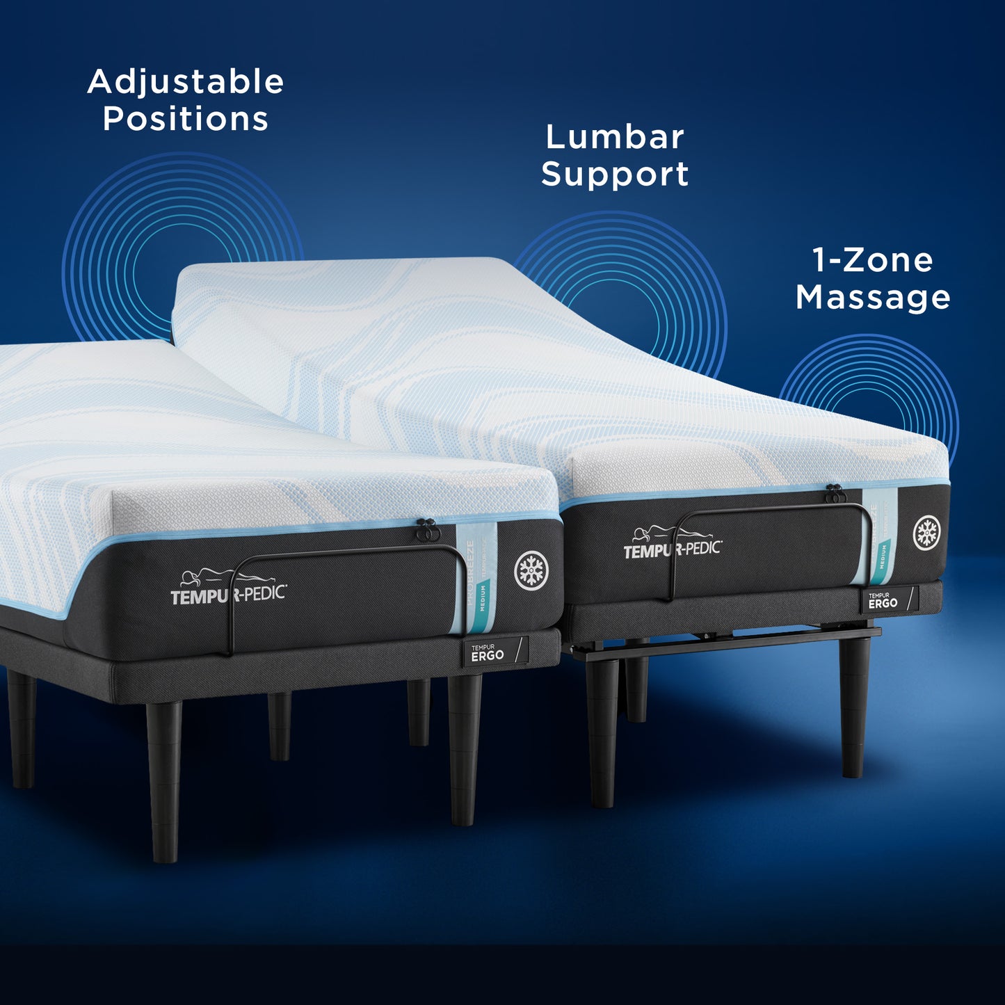 TEMPUR-Ergo split king adjustable bed bases side by side, both partially elevated for individualized head and foot positioning and optimal sleep support