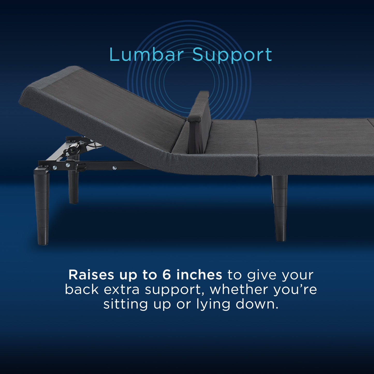 Side view of TEMPUR-Ergo base showing lumbar support raised up to 6 inches for added back support while sitting or lying down