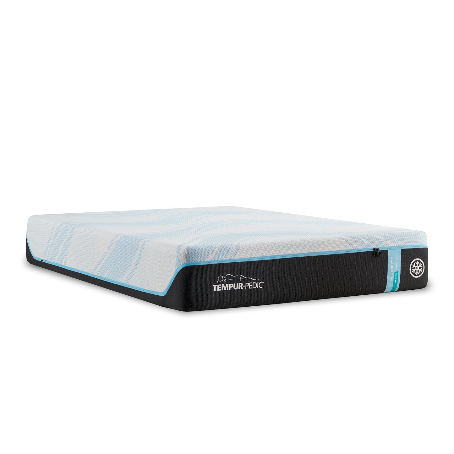 Side view of the Tempur-Pedic ProBreeze® Medium mattress on white background, highlighting its cool blue cover, sleek edge support, and 12-inch profile.