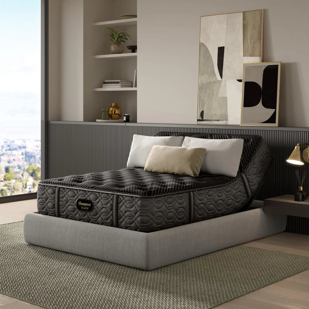 Modern bedroom with adjustable bed and abstract art on the wall