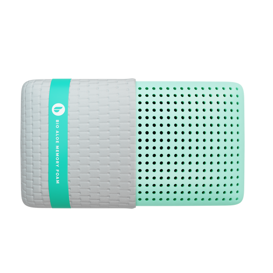 Memory foam pillow with a green and gray design on a white background