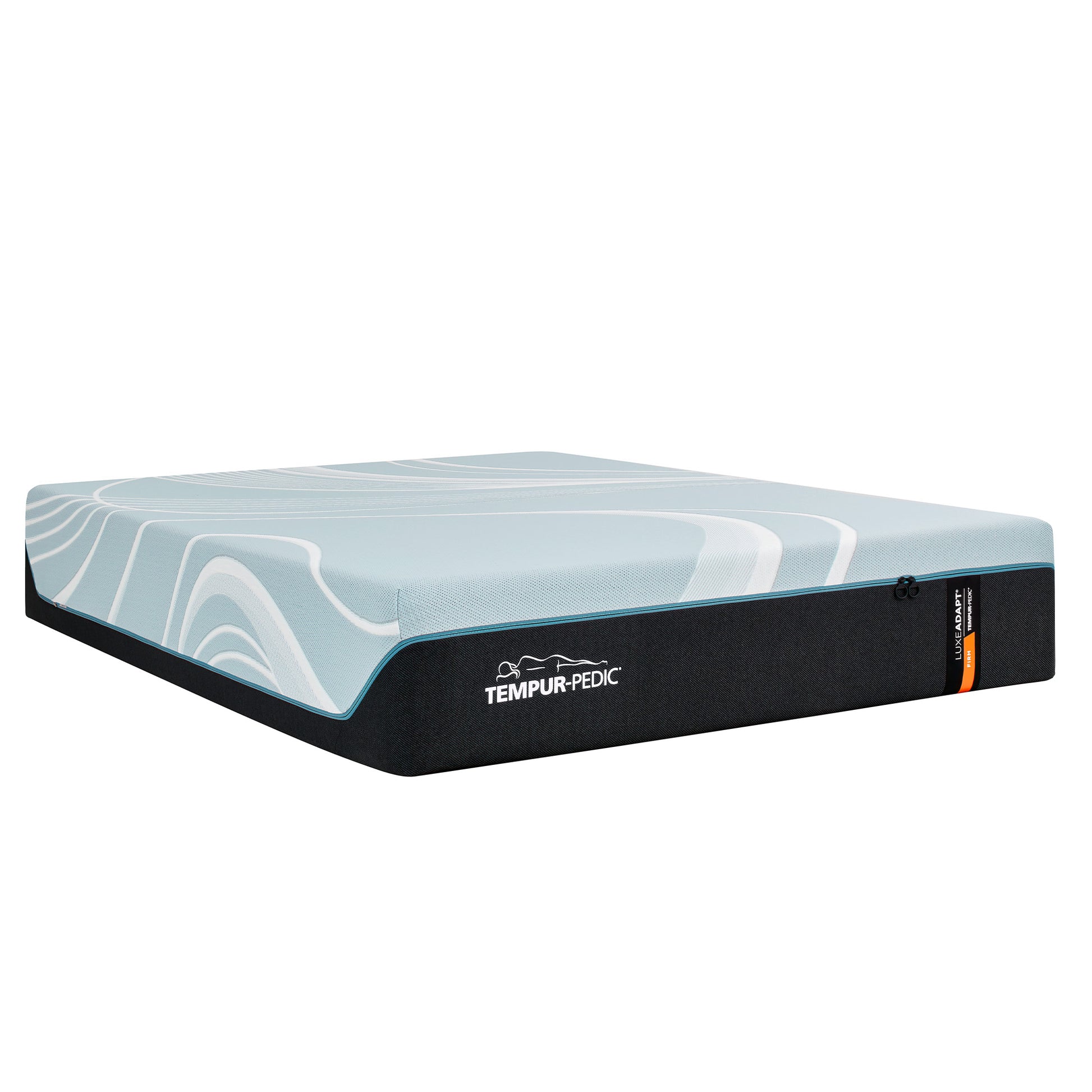 Side profile of the Tempur-Pedic LuxeAdapt® Firm mattress on white background, showcasing wave-patterned cooling cover and thick supportive core.