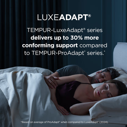 Couple sleeping peacefully on Tempur-Pedic LuxeAdapt® mattress with text highlighting 30% more conforming support compared to ProAdapt® series.