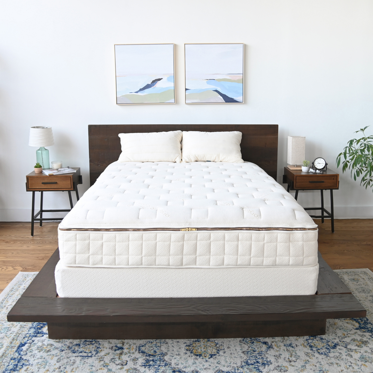 Naturepedic EOS Trilux Organic Latex Mattress on a platform bed in a bedroom