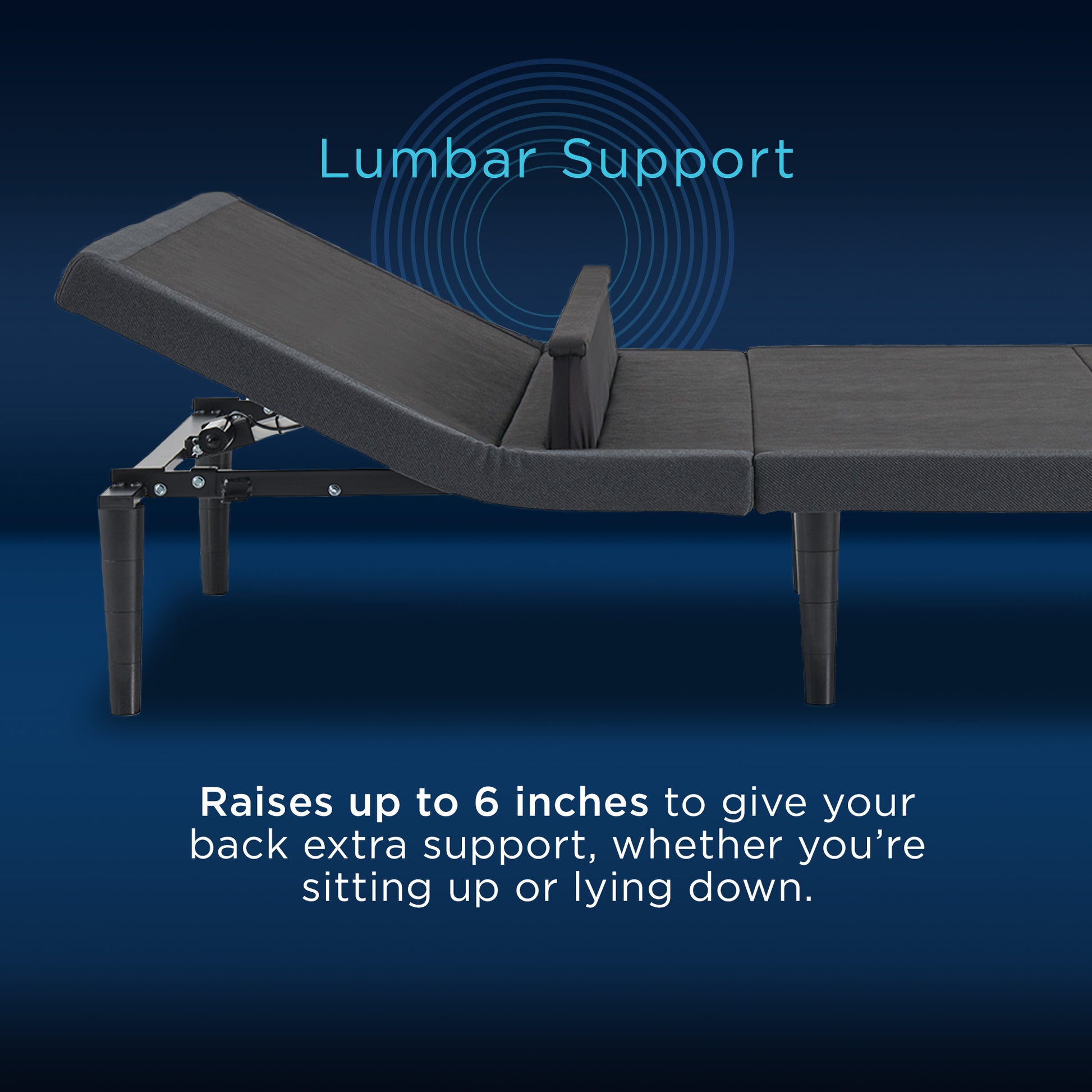 Side view of TEMPUR-Ergo base showing lumbar support raised up to 6 inches for added back support while sitting or lying down