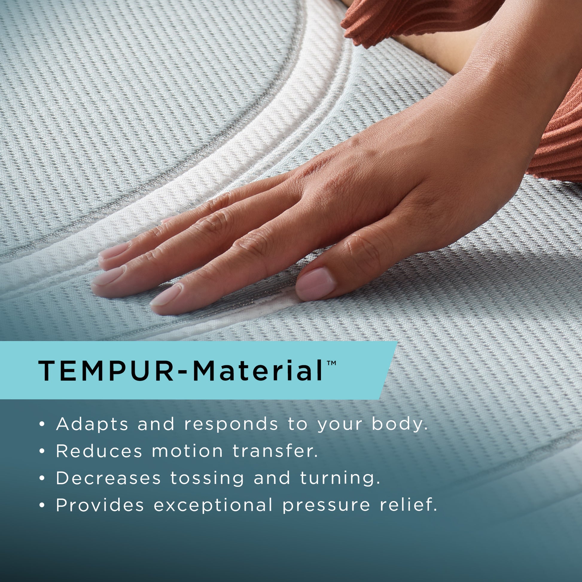 Close-up of a hand pressing into TEMPUR-Material™ surface, demonstrating pressure relief, adaptive support, and reduced motion transfer.
