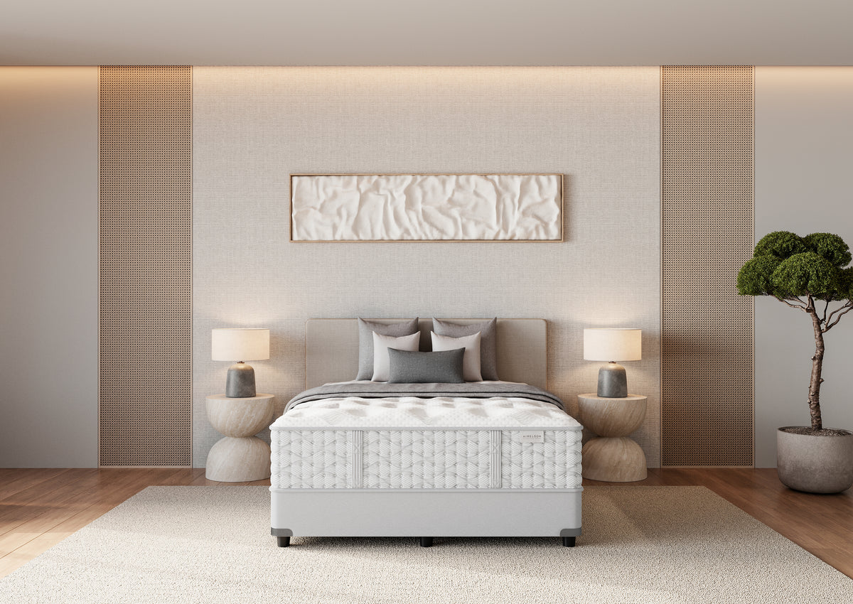 Colchón Aireloom Preferred Timeless Odyssey Streamline Luxury Firm en un dormitorio, vista frontal