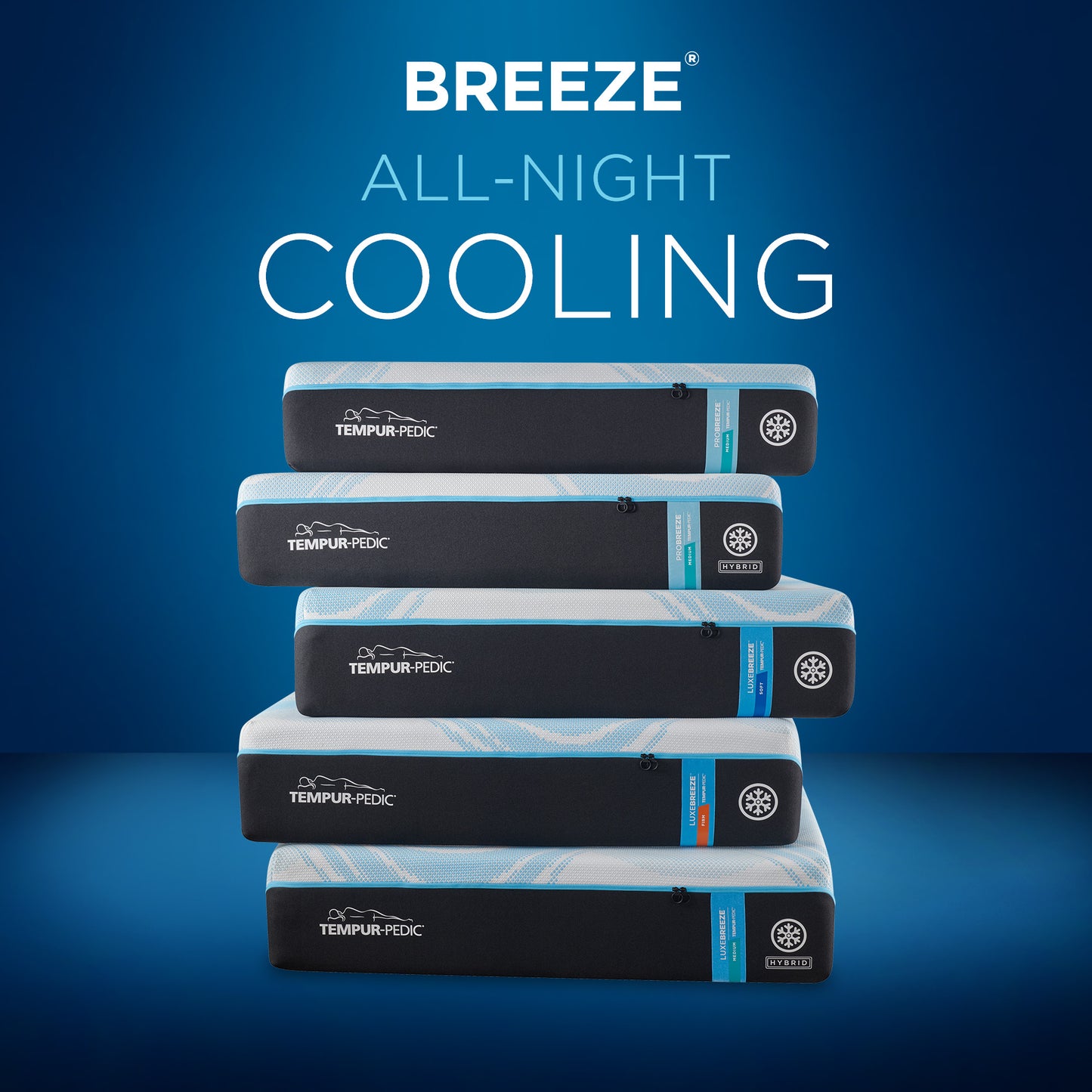 Stacked display of Tempur-Pedic Breeze mattresses showing different models in the collection, each designed with advanced cooling technology for all-night temperature regulation.