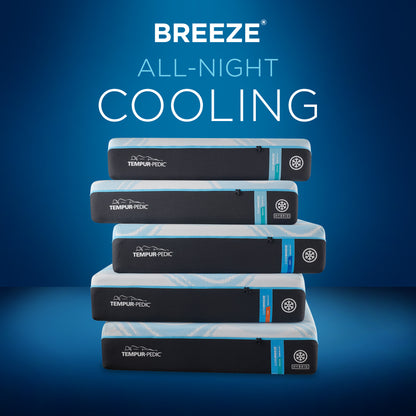 Stacked display of Tempur-Pedic Breeze mattresses showing different models in the collection, each designed with advanced cooling technology for all-night temperature regulation.