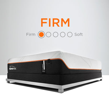 Tempur-Pedic ProAdapt Firm mattress on a platform base with graphic showing firm comfort rating, ideal for back sleepers seeking maximum support and reduced motion transfer.