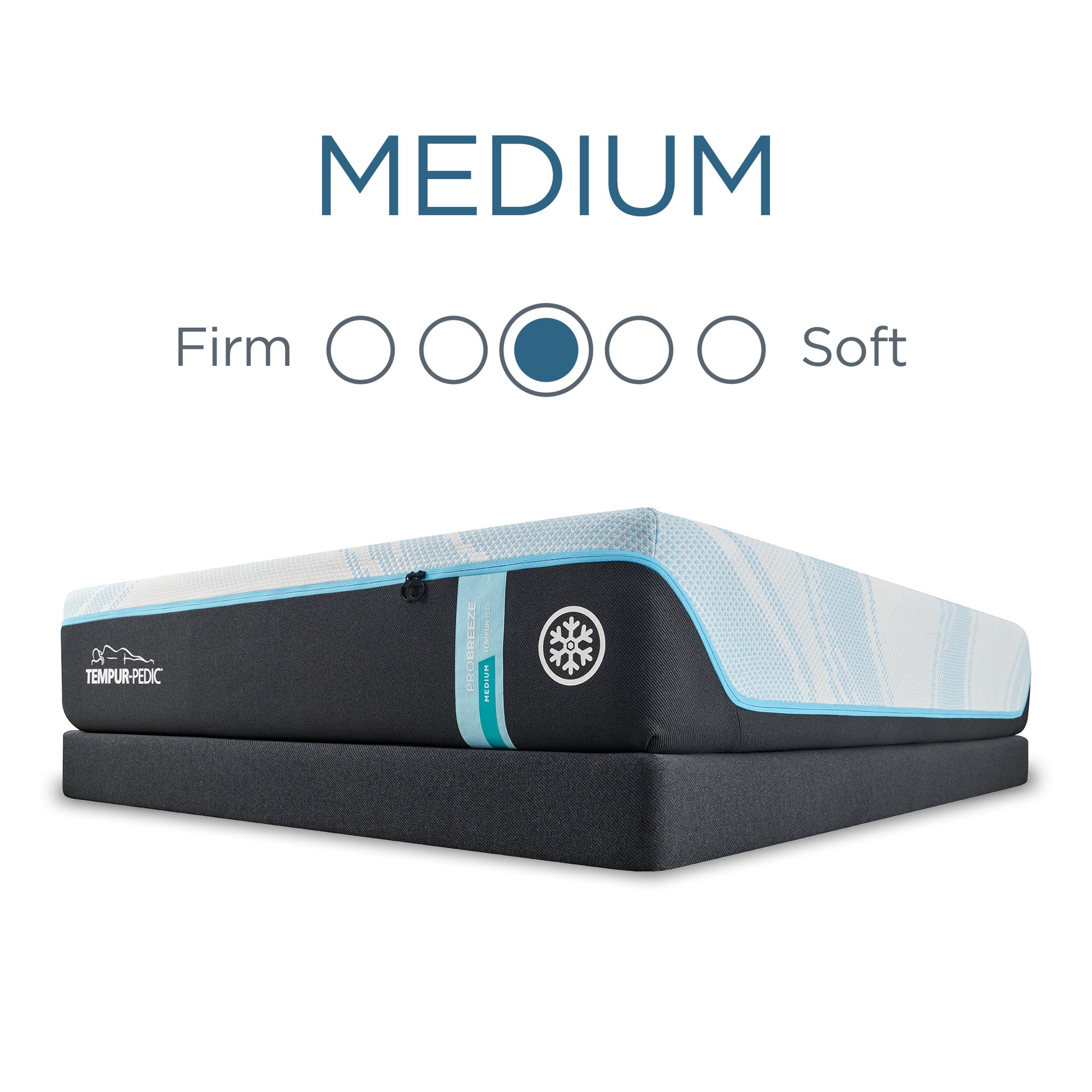 Tempur-Pedic ProBreeze® Medium mattress on platform base, displayed with a medium firmness rating—offering a balance of responsive support and pressure-relieving comfort.