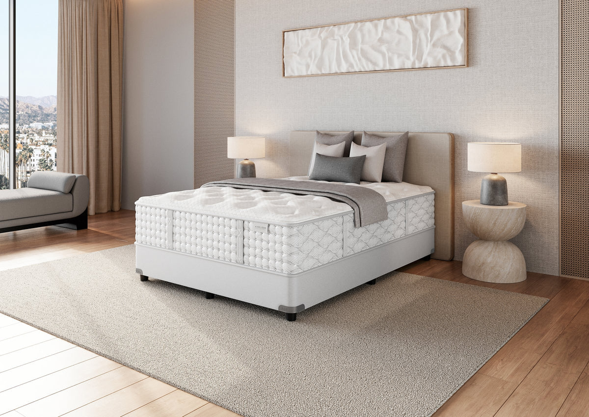 Aireloom Preferred Timeless Odyssey Streamline M1 Plush mattress in a bedroom, side view