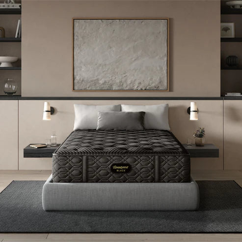 Beautyrest Black Series One Medium mattress displayed in a modern bedroom – luxury comfort and support available at Aventura Mattress Miami.