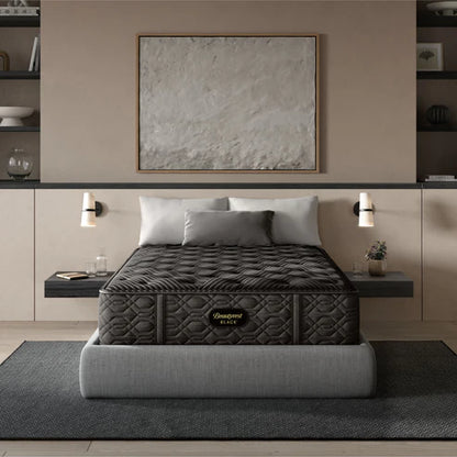 Beautyrest Black Series One Medium mattress displayed in a modern bedroom – luxury comfort and support available at Aventura Mattress Miami.