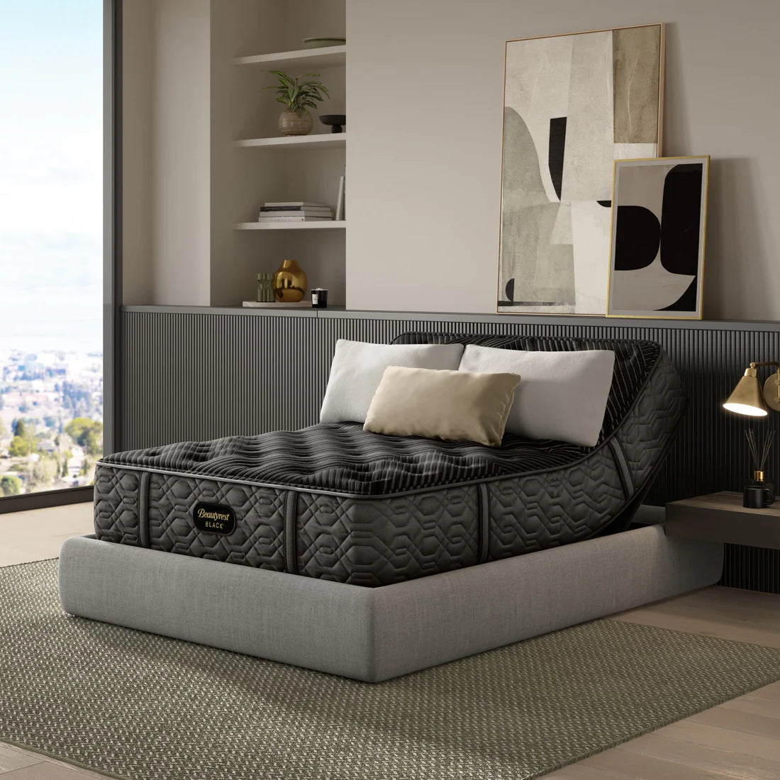 Beautyrest Black Series One Plush mattress on adjustable base in a modern bedroom – luxury comfort and pressure relief