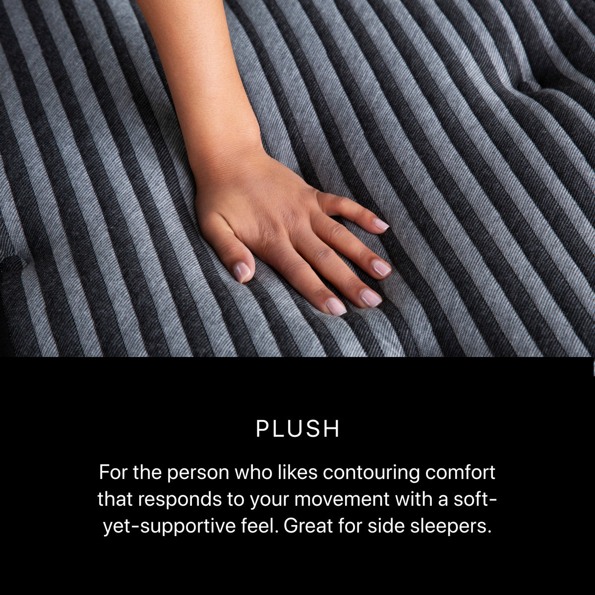 Hand pressing Beautyrest Black Series One Plush mattress surface – plush comfort with contouring pressure relief, ideal for side sleepers. 