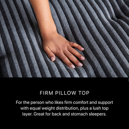 Hand on a firm pillow top with text describing its features.