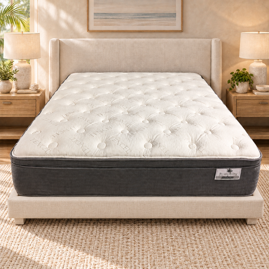 Biscayne Bedding Diamond Euro Top mattress on an ivory upholstered platform bed.