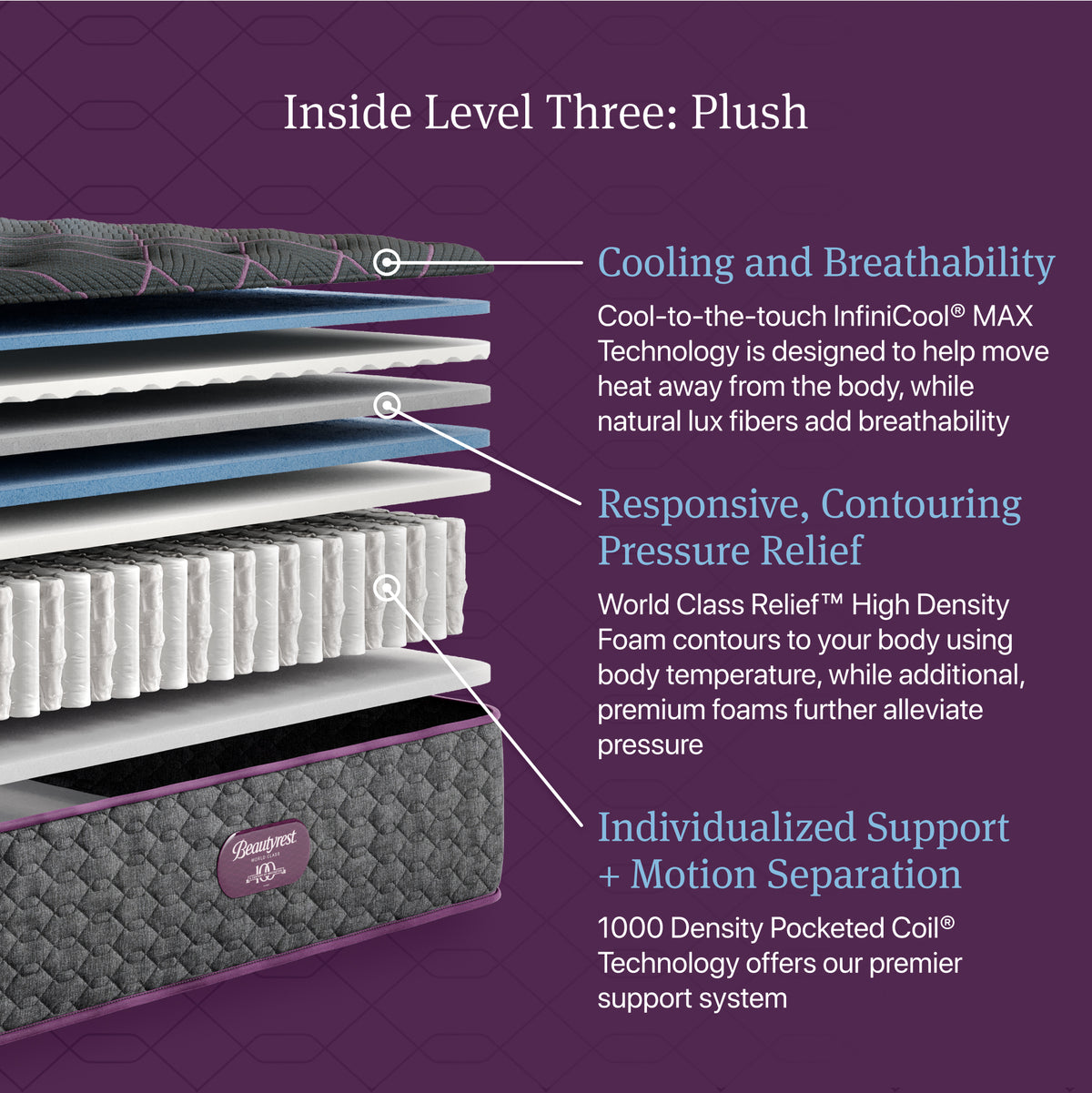 Cutaway of the Beautyrest World Class Level 3 Plush Mattress showing comfort layers and pocketed coils