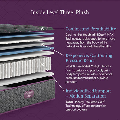 Cutaway of the Beautyrest World Class Level 3 Plush Mattress showing comfort layers and pocketed coils