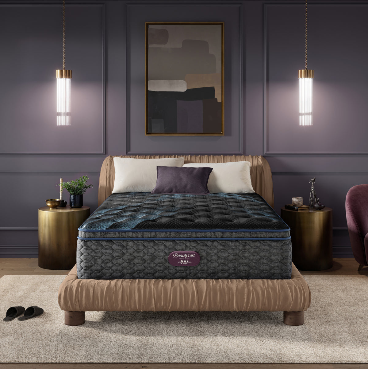 Beautyrest World Class Level 4 Plush Pillow Top Mattress in a bedroom