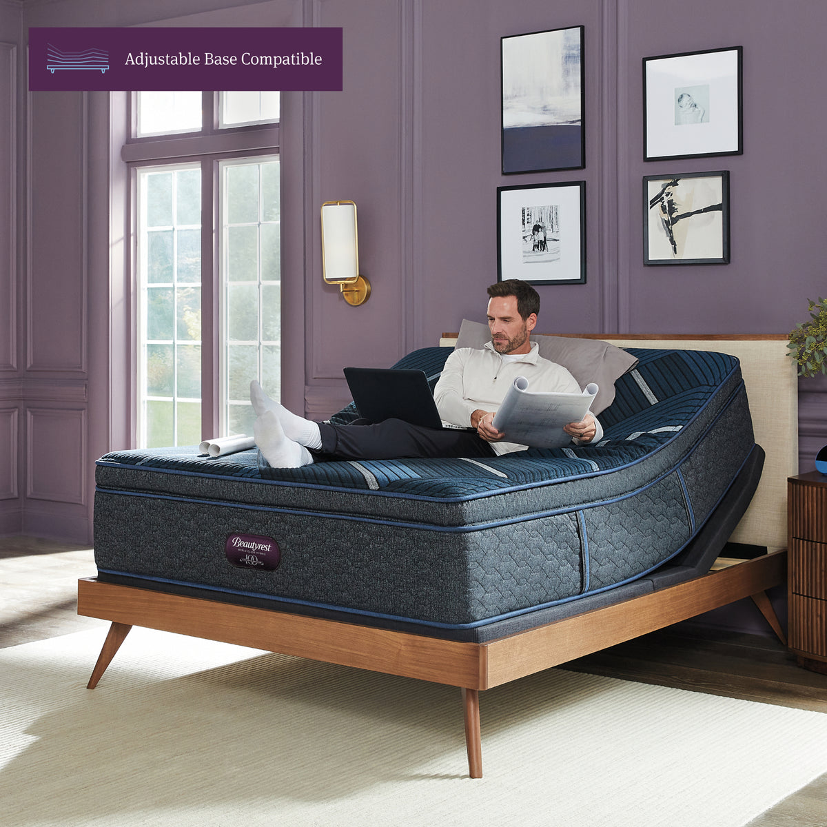 Beautyrest World Class Hybrid mattress on an adjustable base in a bedroom
