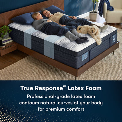 Couple and dog resting on a Serta iComfortPro latex mattress