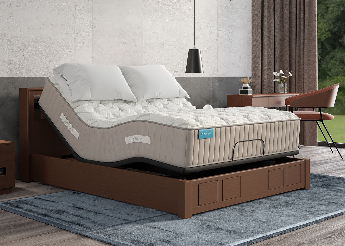 Sherwood Bedding Approachable Soft Tight Top mattress, on an adjustable base in a styled bedroom