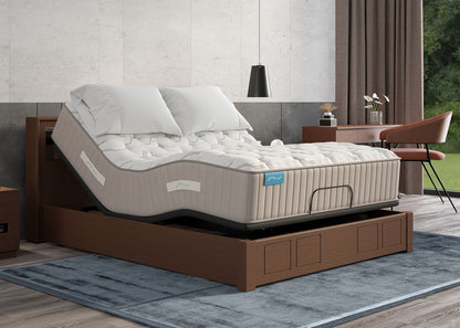 Sherwood Bedding Approachable Soft Tight Top mattress, on an adjustable base in a styled bedroom