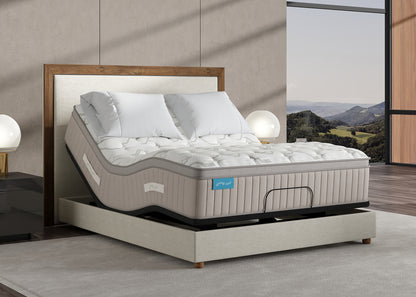 Sherwood Bedding Approachable Ultra Soft Euro Top mattress, on an adjustable base in a styled bedroom