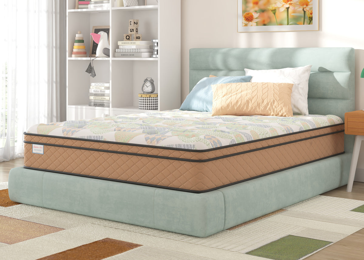 Sherwood Bedding Buckaroo Faux Euro Top Medium mattress, in a styled bedroom