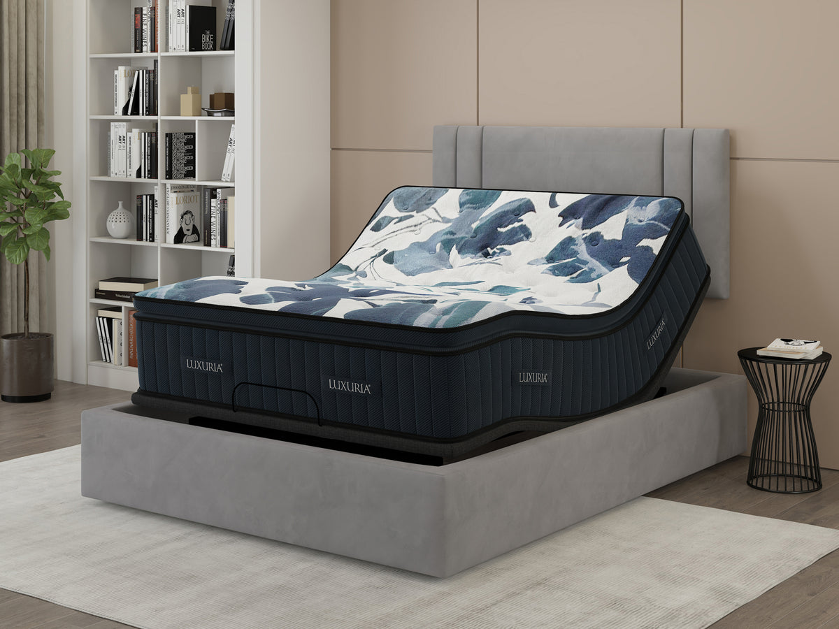 Sherwood Bedding Luxuria Medium Pillow Top mattress, on an adjustable base in a styled bedroom