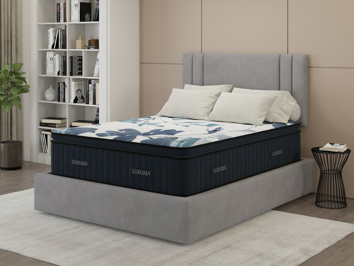 Sherwood Bedding Luxuria Medium Pillow Top mattress, in a styled bedroom