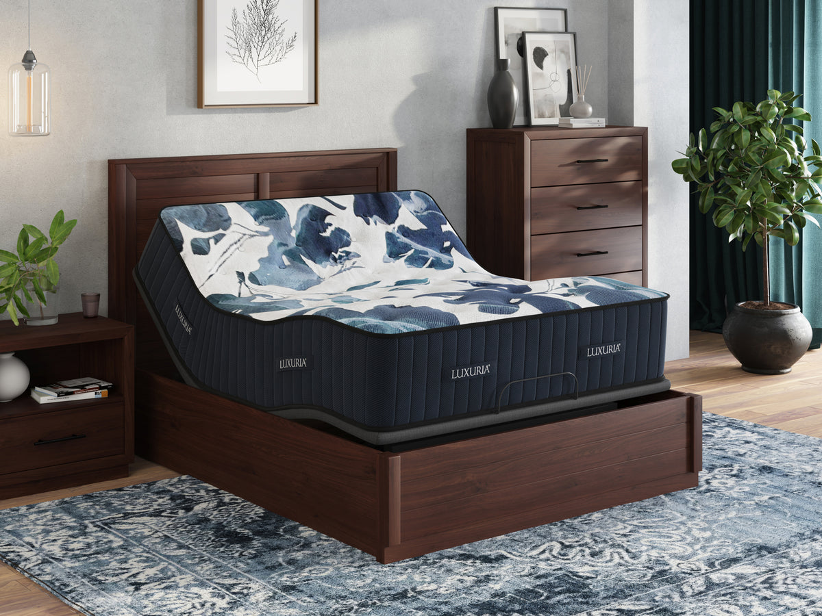 Sherwood Bedding Luxuria Medium Tight Top mattress, on an adjustable base in a styled bedroom