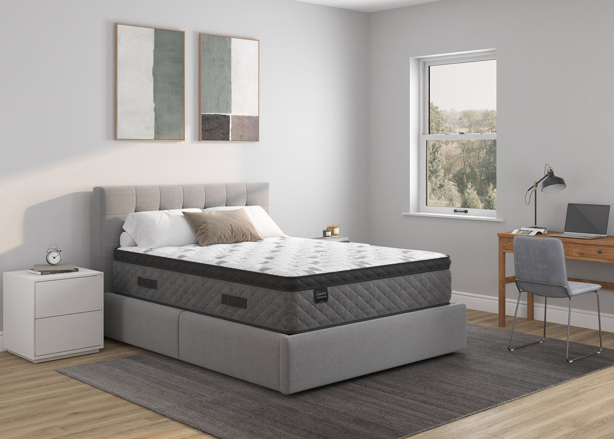 Sherwood Bedding Windsor Faux Euro Top Medium mattress, in a styled bedroom