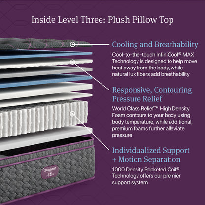 Cutaway of the Beautyrest World Class Level 3 Plush Pillow Top Mattress showing comfort layers and pocketed coils