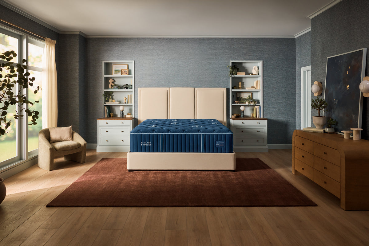 Stearns & Foster Lux Estate Medium Tight Top II mattress in a styled bedroom, front view