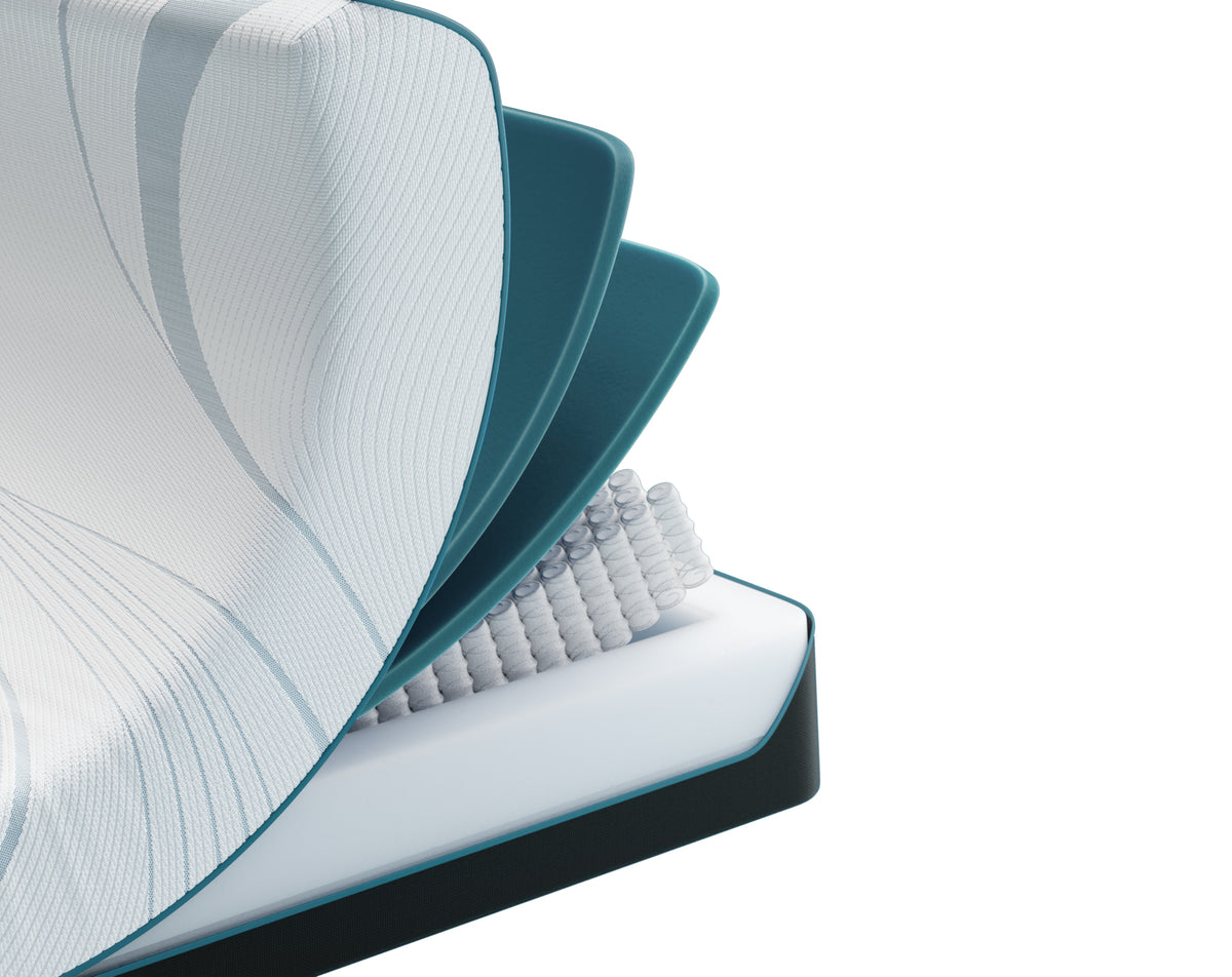 Colchón Tempur-Pedic Adapt 2.0 Medium Hybrid, esquina abierta que muestra las capas interiores