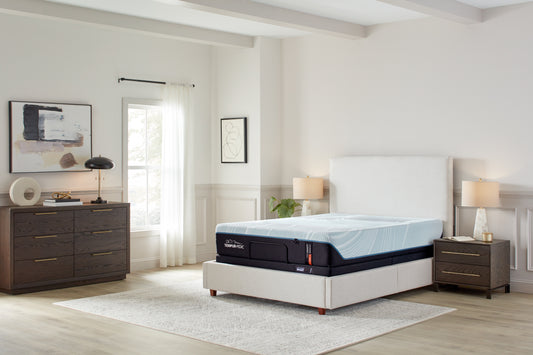 Tempur-Pedic ProAdapt 2.0 Firm mattress, in a styled bedroom, three-quarter view