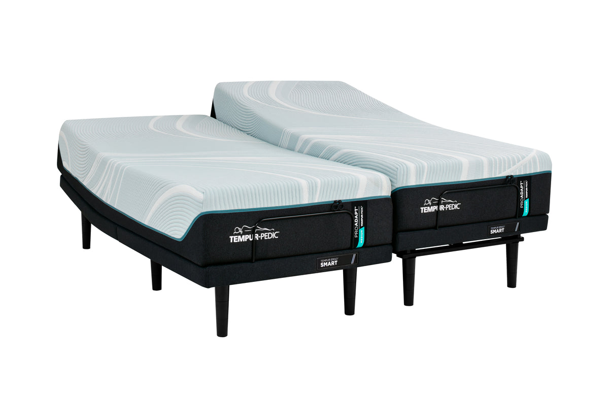 Tempur-Pedic ProAdapt 2.0 Medium mattress, on an Ergo adjustable base, three-quarter view
