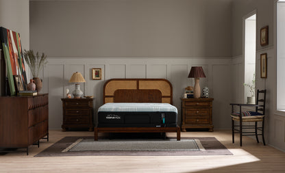 Tempur-Pedic ProAdapt 2.0 Medium mattress, in a styled bedroom, three-quarter view