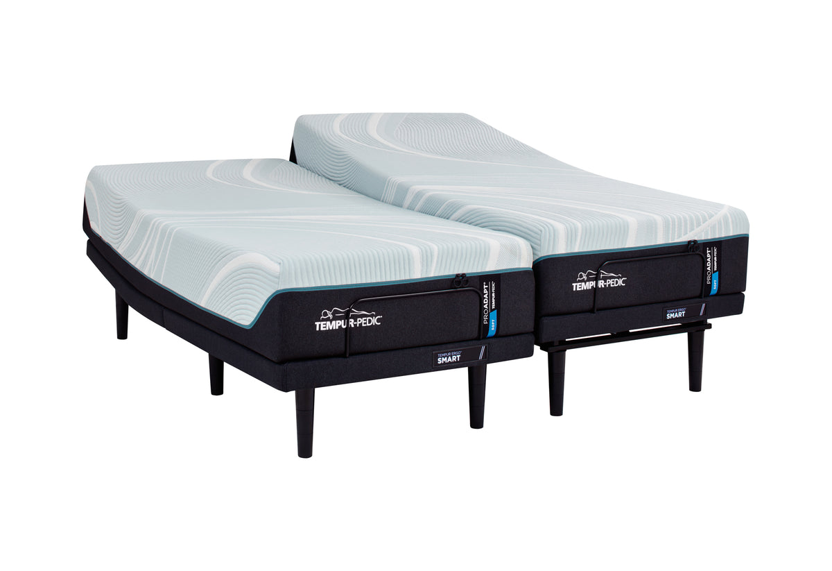 Colchão Tempur-Pedic ProAdapt 2.0 Soft sobre uma base ajustável Ergo, vista de três quartos